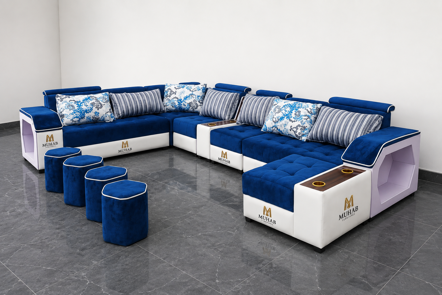 Blue-and-white seating set with cushions, integrated side elements, and stools